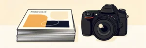 Professionele camera en gestapelde marketingmappen op wit bureau, minimalistische illustratie in marineblauw en amber.