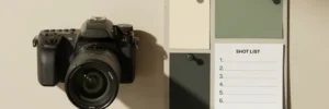 Professionele camera op minimalistisch bureau naast moodboard met kleurstalen en opnamelijst, bovenaanzicht.