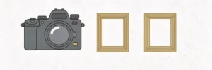 Professionele camera naast drie portretlijstjes op wit studiodek, bovenaanzicht in vlakke stijl met warme neutrale tinten.