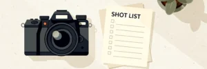 Professionele camera naast een opgevouwen shotlijst en kleine plant op wit oppervlak, vlakke illustratie in ivoor, houtskool en saliegroen.