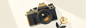 Professionele camera op wit oppervlak met dramatische schaduw, klein bloeiend bloemetje en warme amber-houtskool tint, bovenaanzicht.