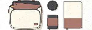 Open cameratas met lensdop, notitieboekje en moodboardkaart in ivoor- en houtskoolkleuren, bovenaanzicht flatlay.