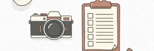Plat bovenaanzicht van een camera, klembord met checklist en terracotta potplant op wit oppervlak.