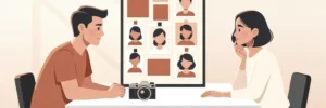 Fotograaf en klant aan minimalistisch wit tafel met moodboard van kleurstalen en portretfoto's, camera als enig accessoire.