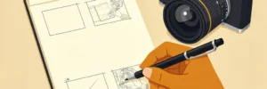 Hand die een storyboard schetst op een notitieblok, met een camera ernaast, in een vlakke vectorstijl met warme amber- en houtskoolkleuren.