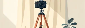 Minimalistische fotostudio met professionele camera op houten statief, linnen achtergrond en klein potplantje in warme aardetinten.