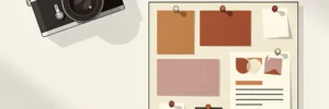 Camera en moodboard op wit bureau met terracotta en dusty rose stalen, handgeschreven briefing en zacht ochtendlicht.