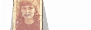 Vergeelde, gebarsten foto in versleten lijst tegen een strakke witte muur, sepia en rozetinten in minimalistische vectorillustratie.
