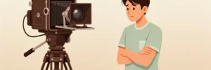 Persoon met gekruiste armen staat nerveus voor een vintage camera op statief in een warm studio-interieur.