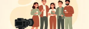 Professionele camera op statief fotografeert een groep vrolijke medewerkers in een warme studio met terracotta en saliegroen tinten.