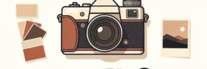 Vintage camera op wit oppervlak, omringd door kleurstalen, een penseel en een kleine foto in vlakke vectorillustratiestijl.