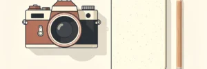 Vintage camera op wit oppervlak naast een open notitieboekje met potlood, stijlvolle flatlay in warme ivoor- en terracottatinten.