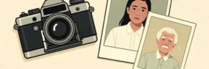 Vintage camera naast een scherp nieuw portret en vervaagde oude foto op een minimalistisch studio-oppervlak.