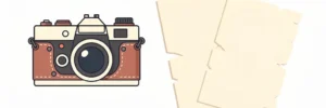 Vintage camera naast een gescheurd contract op wit oppervlak, minimalistische illustratie in ivoor, houtskool en terracotta tinten.