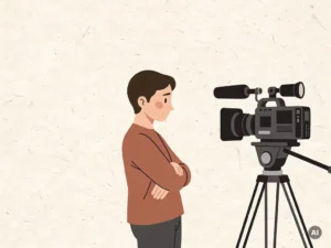 Persoon met gekruiste armen voor een camera op statief in een warme studio met ivoor en terracotta tinten.