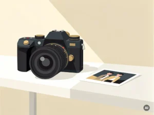 Professionele camera op wit bureau naast een afgedrukte foto, minimalistische compositie in ivoor, houtskool en goud.