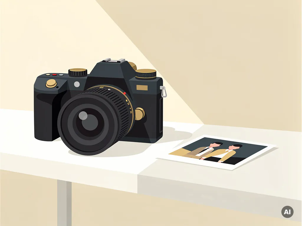 Professionele camera op wit bureau naast een afgedrukte foto, minimalistische compositie in ivoor, houtskool en goud.
