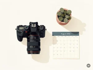Professionele camera op wit bureau naast georganiseerde kalender en potplant, minimalistisch bovenaanzicht in warme tinten.