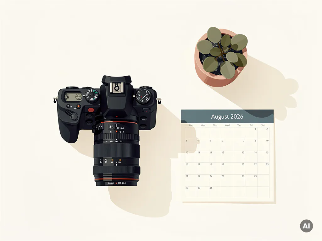 Professionele camera op wit bureau naast georganiseerde kalender en potplant, minimalistisch bovenaanzicht in warme tinten.