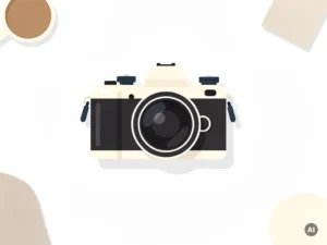Professionele camera in bovenaanzicht op wit bureau, minimalistische flat lay illustratie in ivoor, antraciet en leisteenblauw.