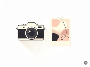 Minimalistische camera naast een afgedrukte foto op wit oppervlak, vlakke illustratiestijl in crème en houtskool tinten.