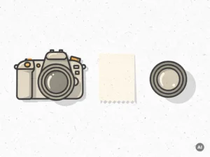 Platte lay van een professionele camera, bon en cameralens op wit oppervlak in warme beige en amber tinten.