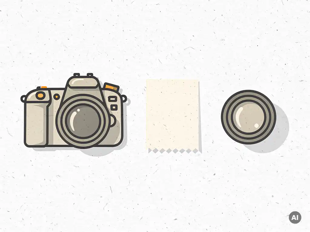 Platte lay van een professionele camera, bon en cameralens op wit oppervlak in warme beige en amber tinten.