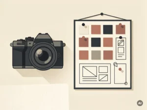 Professionele camera op bureau naast moodboard met kleurstalen en minimalistische layoutschetsen in ivoor, houtskool en terracotta tinten.