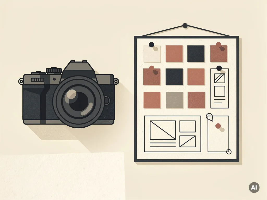 Professionele camera op bureau naast moodboard met kleurstalen en minimalistische layoutschetsen in ivoor, houtskool en terracotta tinten.