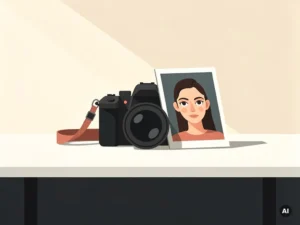 Professionele camera op wit bureau met een geprinte portretfoto ertegenaan, in warme ivoor- en houtskoolkleuren.