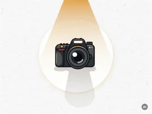 Professionele camera op wit studioppervlak met warme spotlight, zachte schaduw en rustgevende ivoor- en houtskoolkleuren.