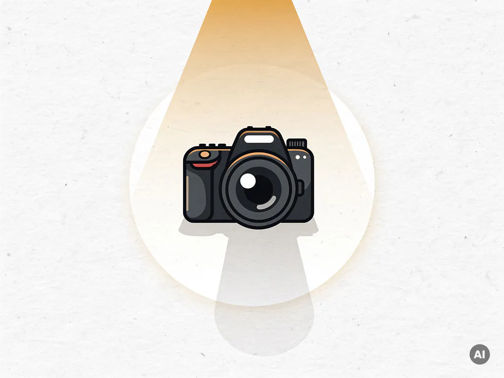 Professionele camera op wit studioppervlak met warme spotlight, zachte schaduw en rustgevende ivoor- en houtskoolkleuren.