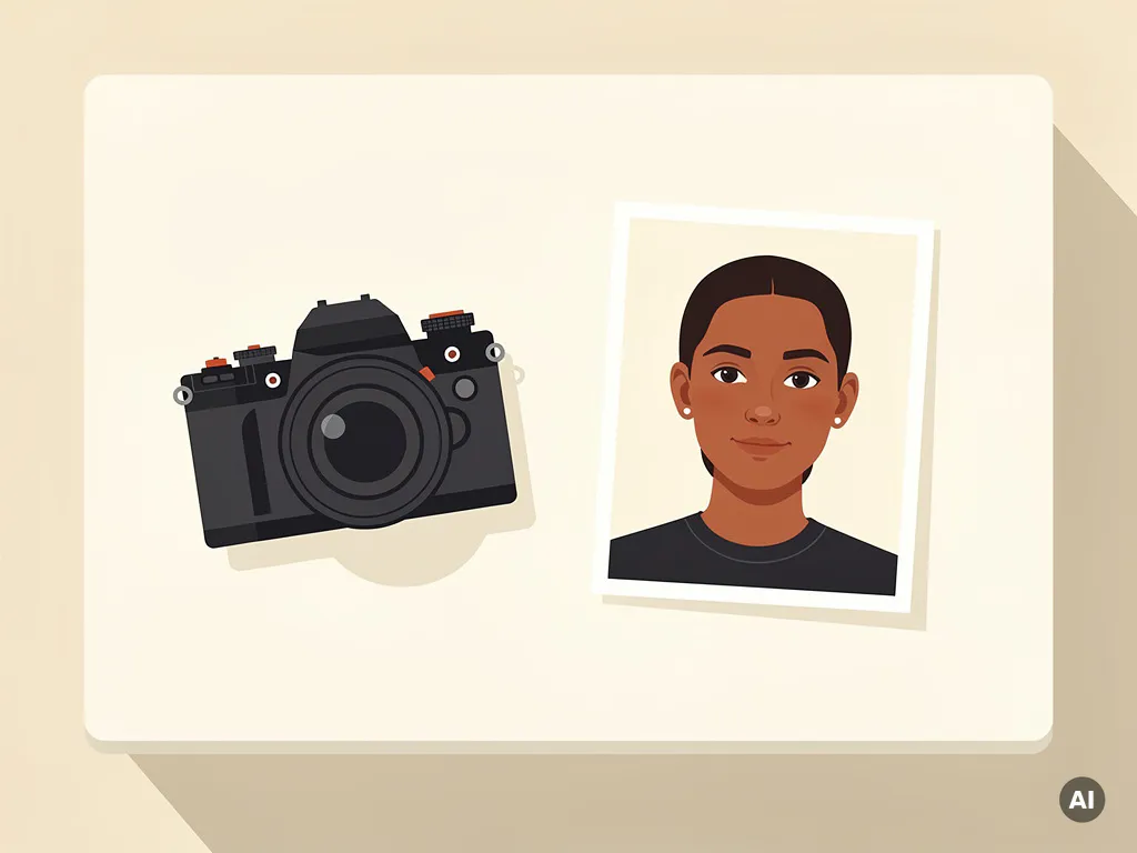 Camera en portretafdruk op een minimalistisch wit bureau met zachte schaduwen en warme ivoorkleurige tinten.