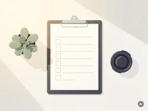 Plat bovenaanzicht van een klembord met lege checklist, klein potplantje en cameralenskapje op wit bureau in warme belichting.