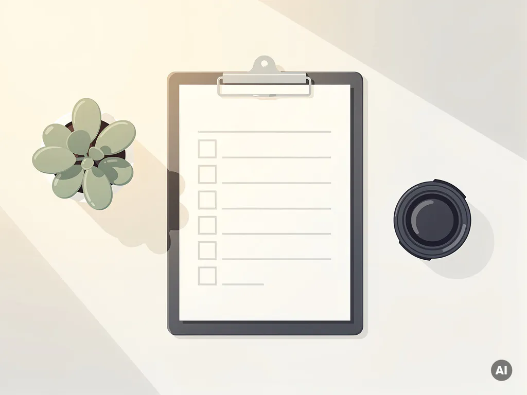 Plat bovenaanzicht van een klembord met lege checklist, klein potplantje en cameralenskapje op wit bureau in warme belichting.