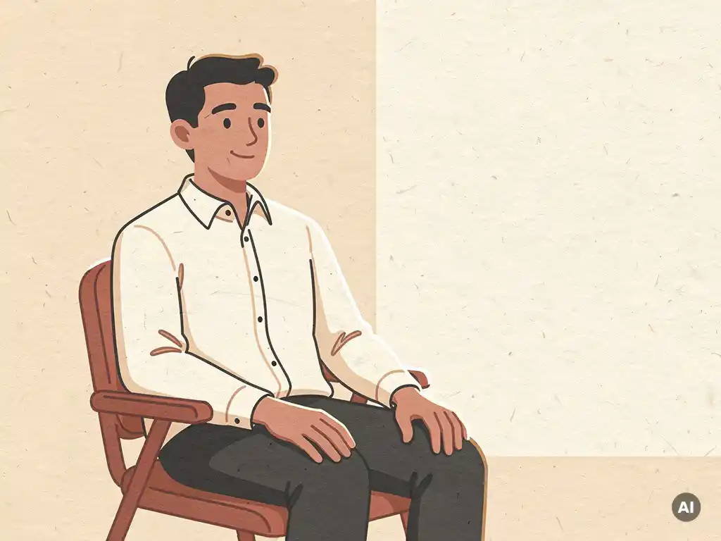 Ontspannen professional in zachte zijdelingse belichting, vlakke illustratie in ivoor, houtskool en terracotta tinten.