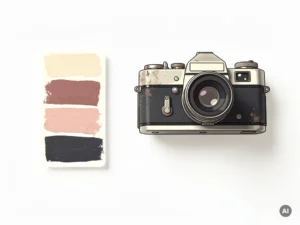 Vintage camera naast een handgeschilderd kleurenpalet op wit oppervlak, met warme ivoor- en rozetinten en houtskoolaccenten.